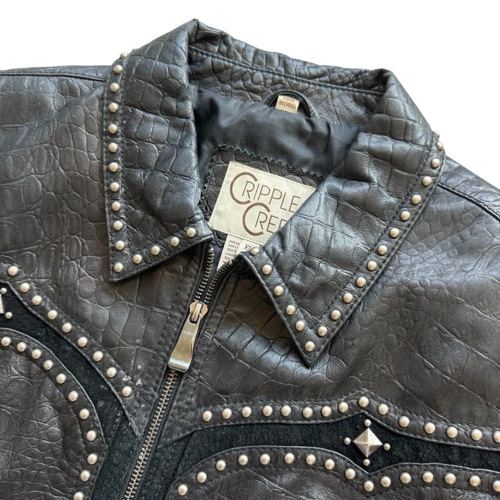 VTG Cripple Creek Studded Leather Jacket XL Western Croc Embossed Biker Rocker - Picture 2 of 16
